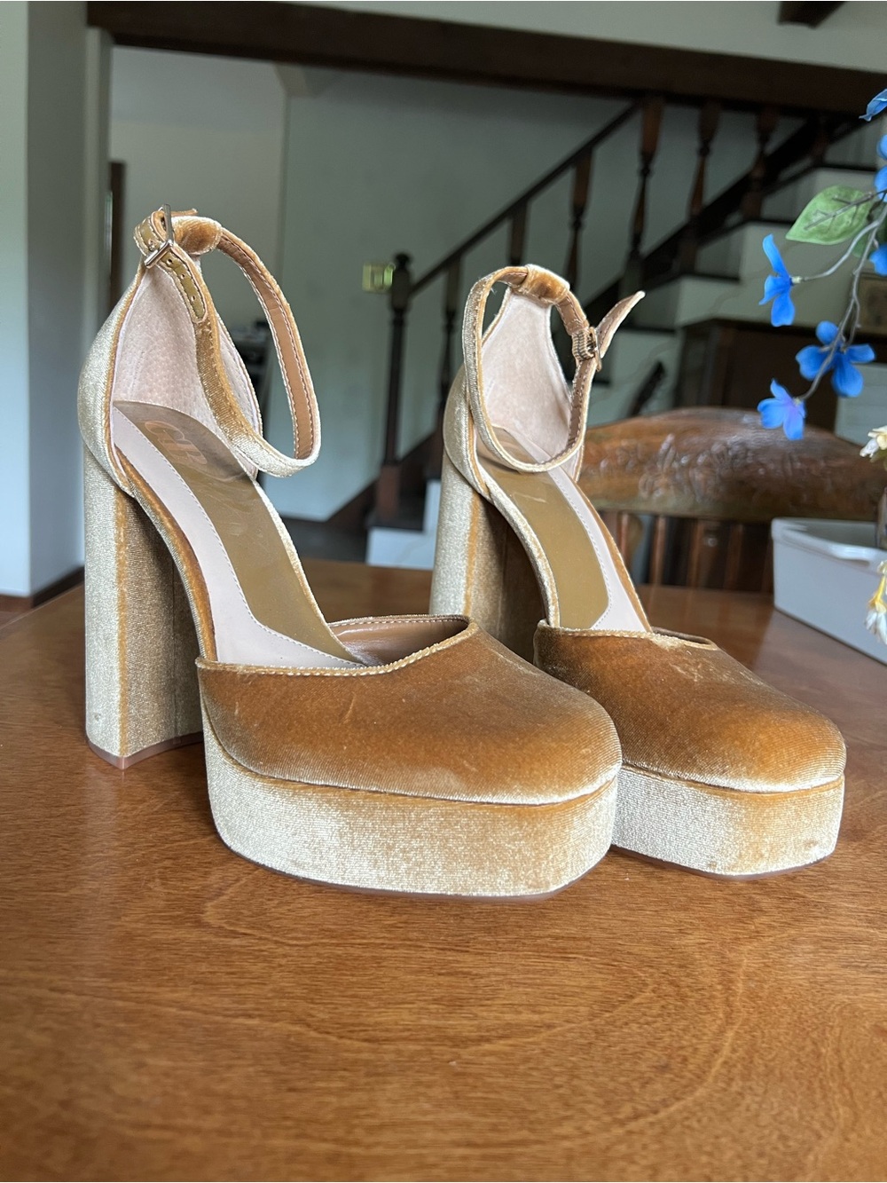 GBX Gold Velvet Platform Ankle-Strap Platforms